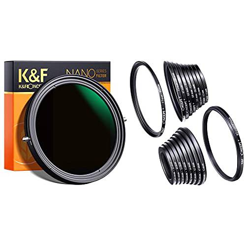 K& F Concept 67mm 가변 페이더 ND2-ND32 ND 필터 and CPL 원형 편광필터 2 in 1& 18 Pcs 필터 어댑터 링 키트 (9 스텝 Up 링+ 9 스텝 다운 링)