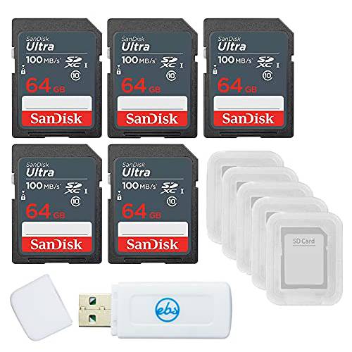 SanDisk 64GB 울트라 SD 메모리 카드 5 팩 SDHC UHS-I Class 10 (SDSDUNR-064G-GN3IN) 번들,묶음 5 SD 카드 케이스& 1 Everything But 스트롬볼리 카드 리더, 리더기