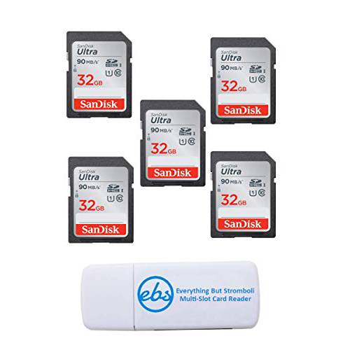 SanDisk 울트라 - 5 팩 번들,묶음 UHS-I Class 10 SD 플래시 메모리 카드 리테일 (SDSDUNC-032G-GN6IN) - Everything But 스트롬볼리 (TM) 콤보 카드 리더, 리더기