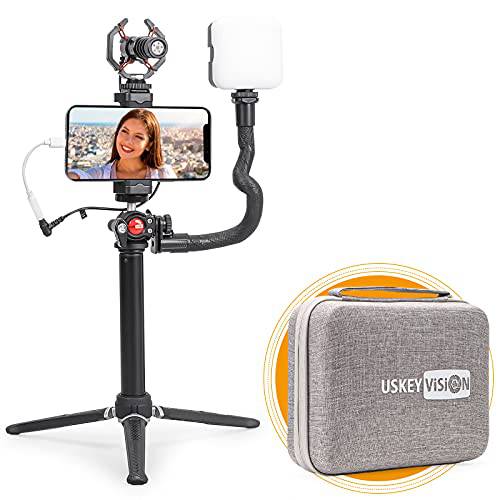USKEYVISION 스마트폰 비디오 Vlogging 키트/ 비디오 마이크,마이크로폰 라이트 키트/ 유튜브 장비 연장 Rick, 아이폰 13/ 미니/ 프로/ 맥스&  스마트폰, 비디오 레코딩 and 블로거 (V-Master 플러스)