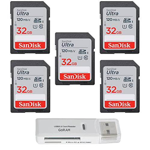 SanDisk 32GB 울트라 SDHC UHS-I Class 10 메모리 카드 120MB/ s U1, 풀 HD, SD 카메라 카드 SDSDUN4-032G (5 팩) 번들,묶음 (1) GoRAM USB 3.0 카드 리더, 리더기