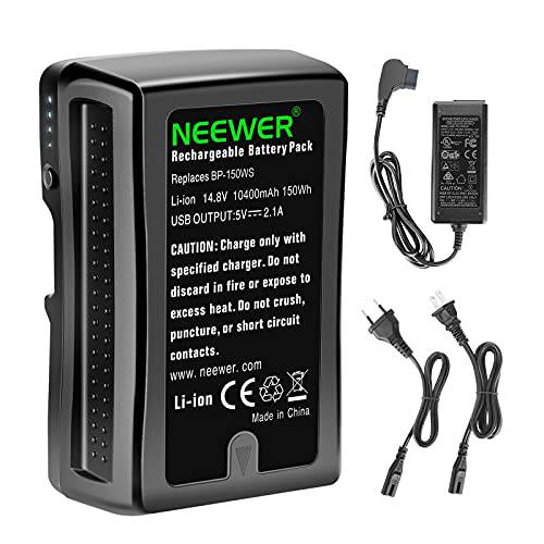 Neewer 150Wh (10400mAh) V-Mount/ V-Lock 배터리, 14.8V 충전식 Li-ion 배터리 D-Tap 출력 충전기 and D-Tap 케이블 호환가능한 소니 비디오 방송 카메라 캠코더 LED 라이트 (BP-150WS)