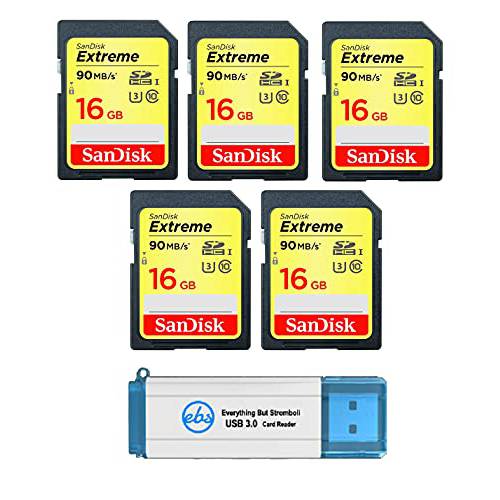 SanDisk 익스트림 16 GB SD 카드 (5 팩) 스피드 Class 10 UHS-1 U3 C10 4K HD 16G SDHC 메모리 카드 호환가능한 디지털 카메라, 컴퓨터, 트레일 카메라