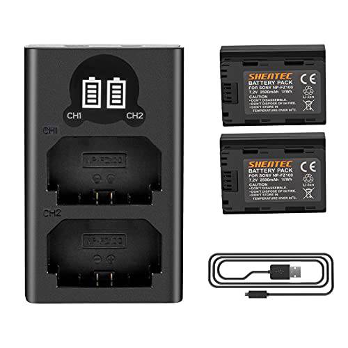 Shentec NP-FZ100 카메라 배터리 충전기 세트, 교체용 배터리 호환가능한 펌웨어 2.0 소니 알파 A7 III, A7R III, A7R IV, A9, (2-Pack, 마이크로 USB& Type-C 포트, 7.2V 2500mAh)