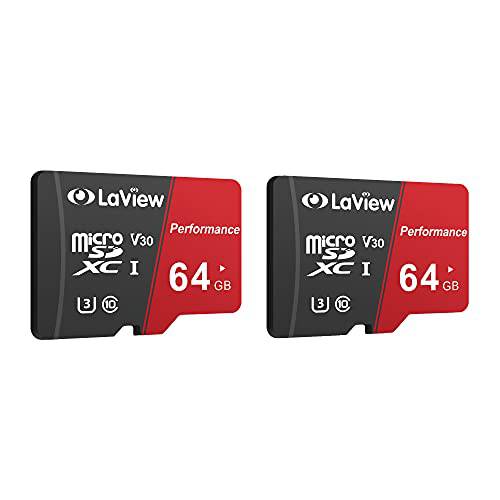 LaView 64GB 마이크로 SD 카드 2 팩, 마이크로 SDXC UHS-I 메모리 카드  95MB/ S, 633X, U3, C10, 풀 HD 비디오 V30, A1, FAT32,  고속 플래시 TF 카드 P500 컴퓨터 어댑터/ 폰/ 태블릿, 태블릿PC/ PC