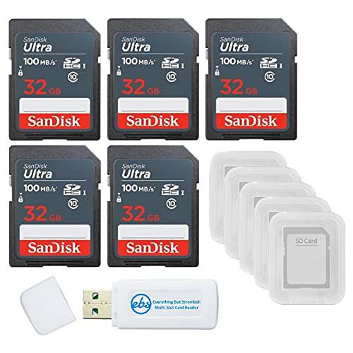 SanDisk 32GB 울트라 SD 메모리 카드 5 팩 SDHC UHS-I Class 10 (SDSDUNR-032G-GN3IN) 번들,묶음 5 SD 카드 케이스& 1 Everything But 스트롬볼리 카드 리더, 리더기