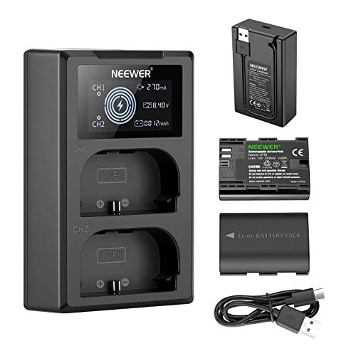 Neewer LP-E6 교체용 배터리 충전기 세트, 호환가능한 캐논 5D Mark II III IV, 5Ds, 6D, 70D, 80D, 90D, 2-Pack 2000mAh Li-ion 배터리, 듀얼 USB 충전기 LCD 스크린, USB-C 케이블