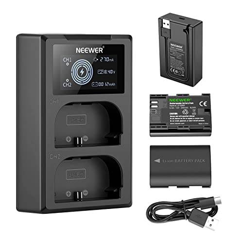 Neewer LP-E6NH 교체용 배터리 충전기 세트, 호환가능한 캐논 EOS R5 R6, 5D II III IV, 6D II, 7D II, 60D, 70D, 80D, 90D, 2-Pack 2250mAh 배터리, 듀얼 USB 충전기 LCD 스크린, USB-C 케이블