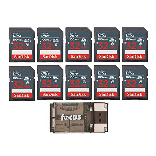 SanDisk 32GB 울트라 SDHC UHS-I 메모리 카드 (10-Pack) 포커스 고속 USB 카드 리더, 리더기 번들,묶음 (11 아이템)