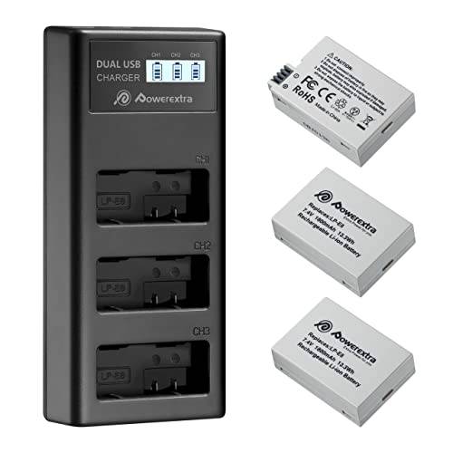 Powerextra 3-Pack LP E8 배터리 충전기 세트 호환가능한 캐논 LP-E8 and Rebel T3i T2i T4i T5i EOS 600D 550D 650D 700D Kiss X5 X4 Kiss X6-3 팩 배터리 and 3 채널 USB 충전기 LCD 디스플레이