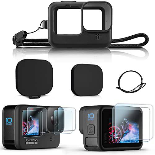 OKFUN 악세사리 키트 고프로 히어로 10/ 히어로 9 블랙, 2-Pack (6pcs) 화면보호필름, 액정보호필름 실리콘 슬리브 보호 케이스 렌즈 커버 캡 스트랩 고 프로 Hero10 Hero9 액션 카메라.