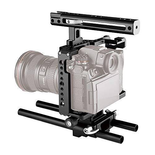 ANNSM 프로페셔널 카메라 케이지 비디오 리그 파나소닉 루믹스 DC-S1, S1R and S1H 핸들 그립 and 베이스 플레이트 2pcs 15mm 스탠다드 레일 로드