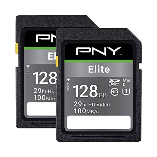 PNY 128GB Elite Class 10 U1 V10 SDXC 플래시 메모리 카드 2-Pack - 100MB/ s Read, Class 10, U1, V10, 풀 HD, UHS-I, 풀 사이즈 SD