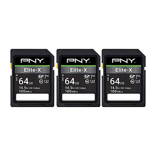PNY 64GB Elite-X Class 10 U3 V30 SDXC 플래시 메모리 카드 3-Pack - 100MB/ S, Class 10, U3, V30, 4K UHD, 풀 HD, UHS-I, 풀 사이즈 SD