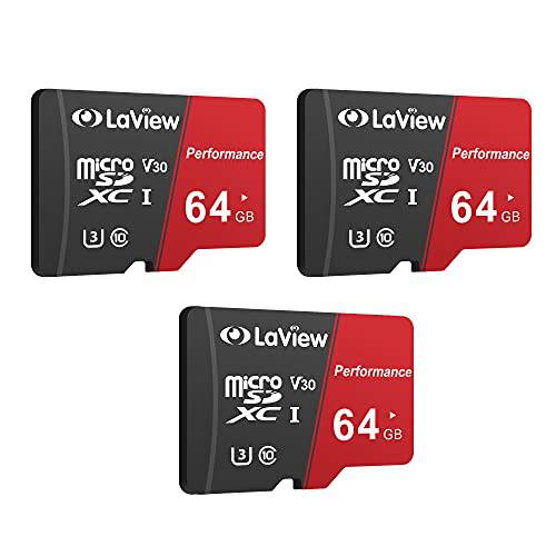 LaView 64GB 마이크로 SD 카드 3 팩, 마이크로 SDXC UHS-I 메모리 카드  95MB/ S, 633X, U3, C10, 풀 HD 비디오 V30, A1, FAT32,  고속 플래시 TF 카드 P500 컴퓨터 어댑터/ 폰/ 태블릿, 태블릿PC/ PC