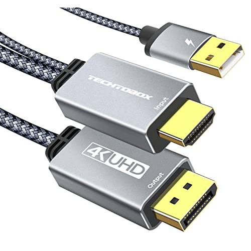 HDMI to DisplayPort,DP 케이블 [4K@60Hz, 2K@144Hz] TECHTOBOX [Braided, 하이 스피드] HDMI to DP Male 컨버터, 변환기 HDMI 2.0 디스플레이 포트 1.2 어댑터 PC 그래픽 카드 노트북 PS5 NS 엑스박스 원/ 360 -6.6FT