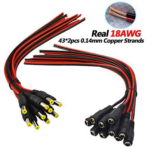 (Real 18AWG 43x2pcs Copper Strands) 10 Pairs DC 파워 피그테일 케이블 Wire, 12V 5A 남성&  여자 커넥터 for CCTV 보안카메라, CCTV and 라이트닝 파워 변환기 by MILAPEAK (2.1mm x 5.5mm, 울트라 Thick)