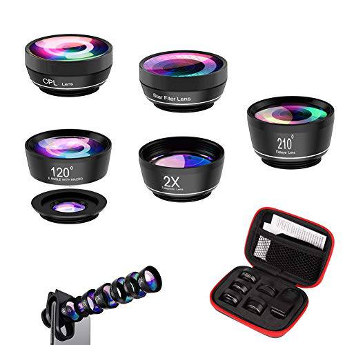 Greatlizard 폰 카메라 렌즈 Kit, 6 in 1 프로페셔널 Clip On 렌즈 Kit,  CPL+ 120° 와이드 앵글 렌즈+ 15X Macro 렌즈+ 210° 어안 렌즈+ 2X Portrait 렌즈+  별 렌즈