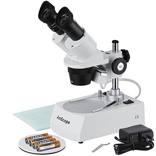 AmScope SE306R-P-LED Forward-Mounted 쌍안경 스테레오 Microscope, WF10x Eyepieces, 20X and 40X Magnification, 2X and 4X Objectives, Upper and 보다낮은 LED Lighting, 양면 Black/ White 무대 Plate, Pillar Stand, 120V or Battery-Powered
