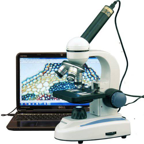 AmScope M158C-E 컴파운드 단안경 Microscope, WF10x and WF25x Eyepieces, 40x-1000x Magnification, Brightfield, LED Illumination, 플레인 Stage, 110V, Includes 0.3MP 카메라 and Software