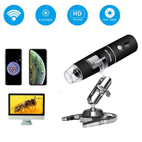 무선 디지털 Microscope, Skybasic 50X to 1000X 와이파이 소형,휴대용 Zoom 배율 내시경 카메라 확대경, 돋보기 1080P FHD 2.0 MP 8 LED 호환가능한 with 안드로이드 and iOS 스마트폰 or Tablet, 윈도우 맥