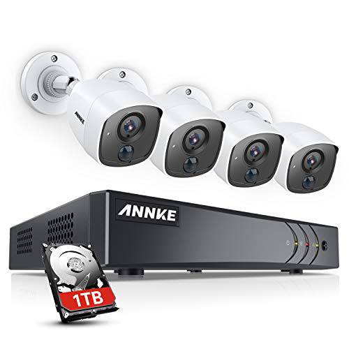 ANNKE 8CH H.265+  보안카메라, CCTV 시스템 5MP Lite DVR with 1TB 하드디스크, 4×1080P PIR CCTV 카메라 for 아웃도어 실내 Use, White 조명,라이트,가로등 Alarm, 이메일 경보 with Snapshots, IP67 Weatherproof
