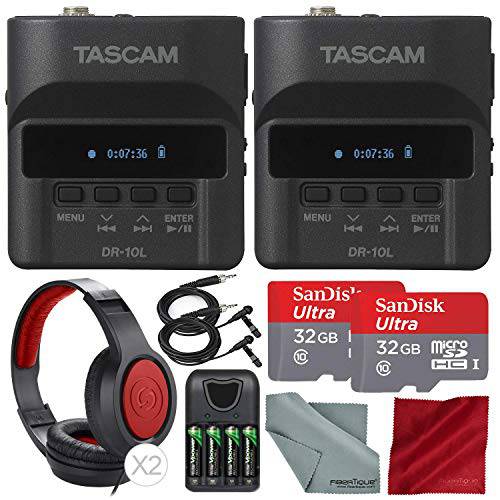 Tascam DR-10L 휴대용 디지털 Studio 레코더 W/ Lavalier Microphone, 32GB 카드 헤드폰,헤드셋 2-Pack 디럭스 번들,묶음