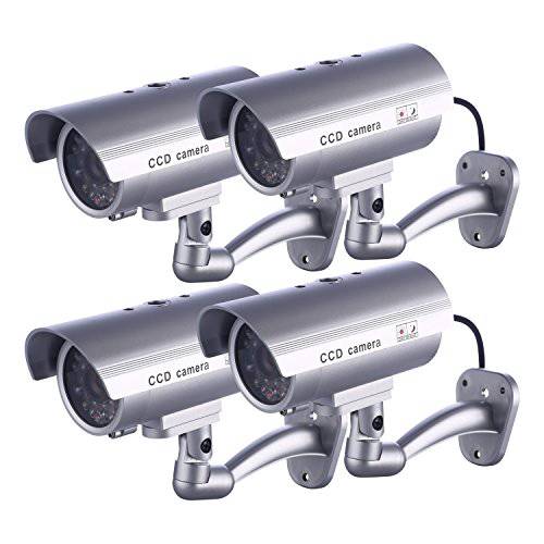 IDAODAN 더미 보안카메라, CCTV, 페이크 카메라 CCTV Surveillance 시스템 with Realistic 시뮬레이션 LEDs 가정용 보안+  경고 스티커 Outdoor/ 실내 Use (4 Pack)