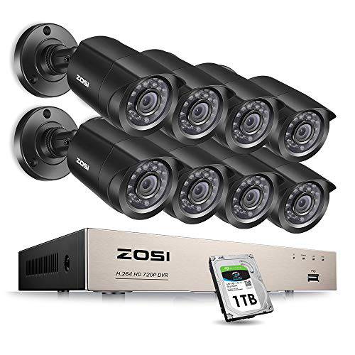 ZOSI 8CH 1080P 보안카메라, CCTV 시스템 아웃도어 with 1TB 하드디스크 H.265+ 8 Channel 5MP Lite Video DVR 레코더 with 8X 1080P HD 1920TVL Weatherproof CCTV Cameras, 모션 Alert, Easy 원격 액세스