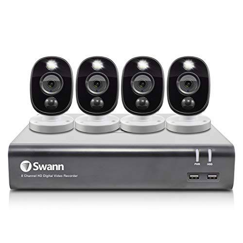 Swann 8 Channel 4 카메라 세큐리티 System, 유선 Surveillance 1080p HD DVR 1TB HDD, 오디오 Capture, Weatherproof, 컬러 나이트 Vision,  열&  모션 감지 경고 Light,  알렉사+  구글, SWDVK-845804WL