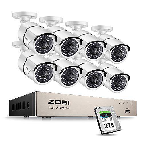 ZOSI 8CH 1080P PoE 홈 보안카메라, CCTV 시스템 아웃도어 with 2TB 하드 Drvie, H.265+ 8-Channel 5MP NVR Recorder, 8pcs 2MP 1080P 아웃도어 실내 PoE IP 카메라 with 120ft 나이트 Vision, 파워 Over 랜포트