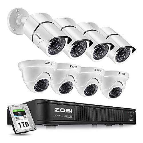 ZOSI 보안카메라, CCTV 시스템 8 Channel, 1080p Lite Surveillance DVR 레코더 with 하드디스크 1TB and (8) 720p Weatherproof CCTV 카메라 Outdoor/ Indoor, 원격 액세스 and 모션 Detection, 화이트 카메라 (8ZM-261X418W-10-US)