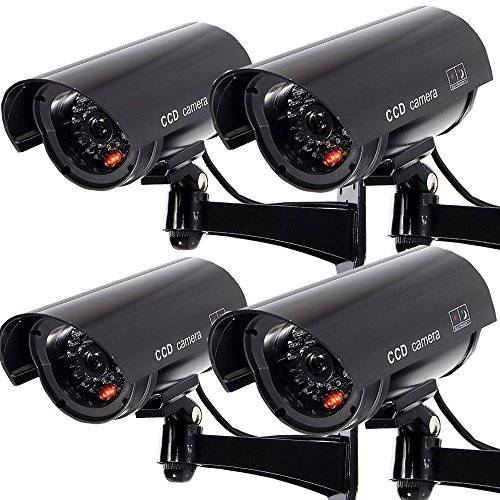 아웃도어 페이크 보안카메라, CCTV, 더미 CCTV Surveillance 시스템 with Realistic Red 플래시 라이트 and 경고 스티커 (4, Black)