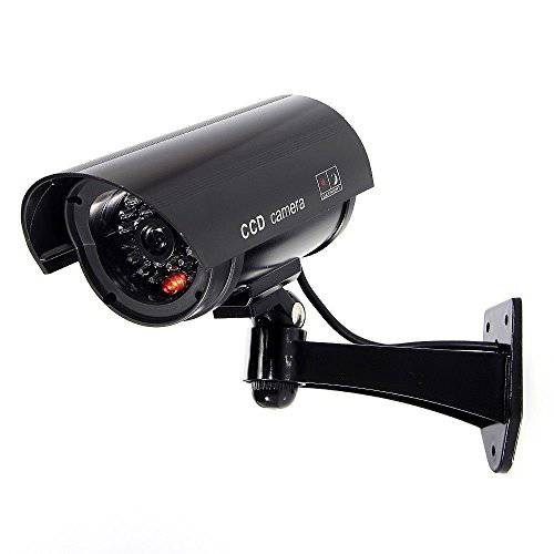 페이크 아웃도어 보안카메라, CCTV, 더미 CCTV Surveillance 시스템 with Realistic Red 플래시 라이트 and 경고 스티커 (1, Black)