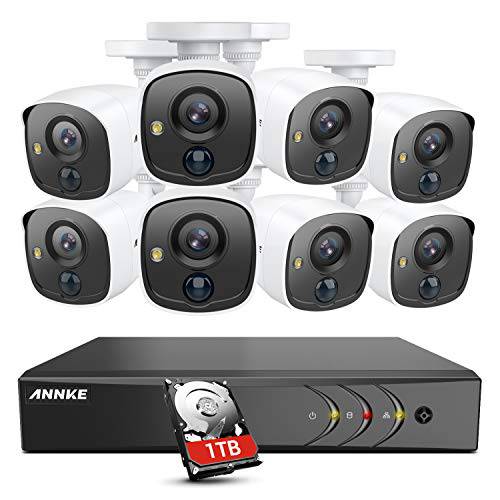 ANNKE 8 카메라 세큐리티 시스템 8CH 5MP H.265+ DVR and 8×1080P HD Weatherproof Bullet CCTV Cameras, PIR Detection, 화이트 라이트 Alarm, 이메일 경보 with Snapshots, 1TB Surveillance 하드디스크