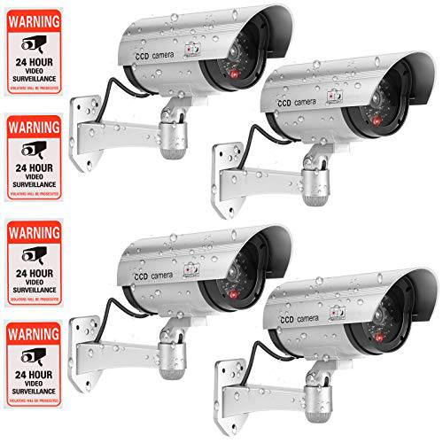 페이크 카메라, FITNATE 더미 카메라 CCTV Surveillance 시스템 with LED Red 플래시 라이트 with 4 세이프티,안전 경고 Stickers, 페이크 보안카메라, CCTV for 집밖의&  옥내 사용 (4 Packs, Silver)