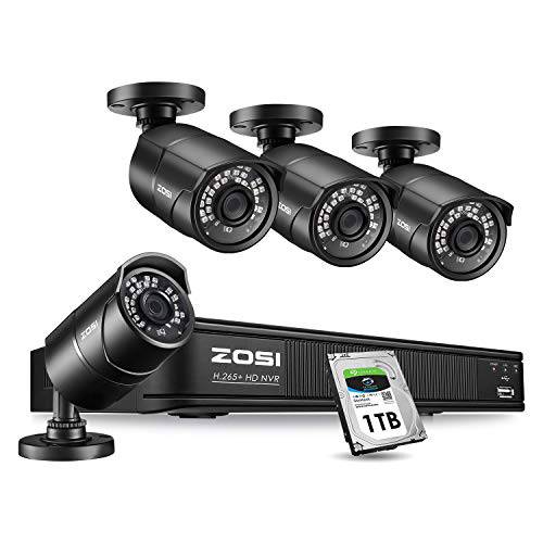 ZOSI 1080p H.265+ PoE 홈 보안카메라, CCTV 시스템 아웃도어 Indoor, 8CH 5MP PoE NVR 레코더 and (4) 1080p Surveillance Bullet IP 카메라 with 120ft Long 나이트 전망 ( 1TB 하드디스크 Built-in)