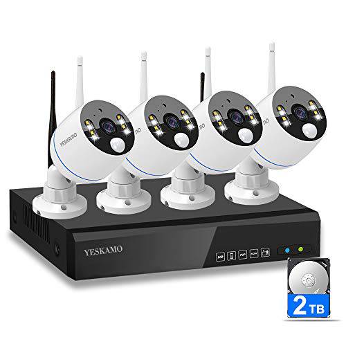 YESKAMO 보안카메라, CCTV 시스템 Wireless, 4 Pcs 3MP Floodlight IP카메라, 8-Channel 와이파이 NVR and 2TB 하드디스크, 2 웨이 Audio, 사이렌 Alarm, 휴대용 View, 컬러 나이트 비전 Surveillance NVR 키트