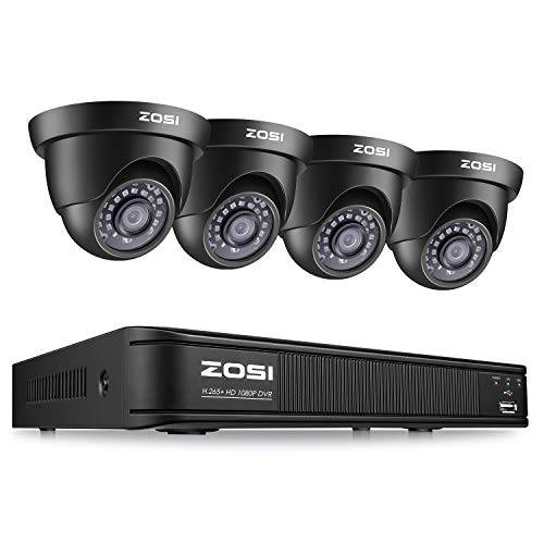 ZOSI 1080P 보안카메라, CCTV 시스템 가정용, H.265+ CCTV DVR 4 Channel and 4 x 1080p (2MP) Weatherproof 돔 카메라 아웃도어/ 실내, Remote 액세스, 모션 Deteion (무 하드디스크)