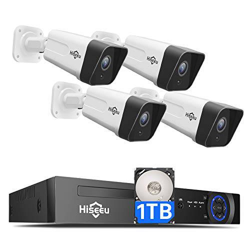 Hiseeu 5MP PoE 보안카메라, CCTV 시스템, 8CH 홈 유선 안전 시스템 with 1TB 하드디스크, 4pcs IP 5MP 아웃도어 보안카메라, CCTV with 오디오, 나이트 비전, 모션 경고, Onvif 호환가능한, No Monthly,먼슬리,월간 Fee