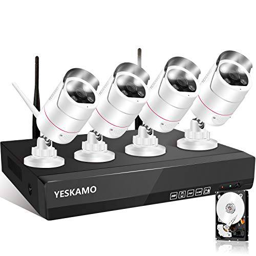 무선 보안카메라, CCTV 시스템 3MP Ultra-HD [Floodlight& 2 웨이 오디오&  사이렌 알람], YESKAMO  아웃도어 스포트라이트 와이파이 IP 캠 AI Human 감지,센서, 8CH 홈 비디오 Surveillance 시스템 with 하드디스크