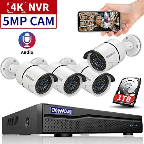 OHWOAI PoE 카메라 시스템, 4K 8 채널 Poe NVR 보안카메라, CCTV 시스템, 5MP Poe 카메라 x 4, 홈 비디오 감시 시스템 Poe 1TB HDD, 유선 아웃도어 Poe 보안카메라, CCTV 오디오.