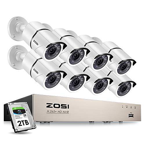 ZOSI 8CH 5MP PoE 홈 세큐리티 카메라 시스템 2TB 하드 드라이브, H.265+ 5MP 8-Channel NVR 세큐리티 시스템 and 8pcs 유선 5MP 아웃도어 내후성 120ft 나이트 비전 PoE IP 카메라 24/ 7 레코딩