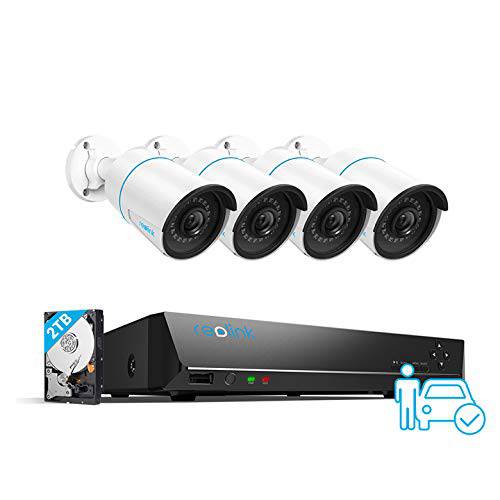 Reolink 8CH 5MP 보안카메라, CCTV 시스템, 4pcs 침입자/ 차량 감지,센서 스마트 5MP 유선 아웃도어 PoE IP 카메라, 8MP 8-Channel NVR 2TB HDD 24/ 7 레코딩, RLK8-510B4-A