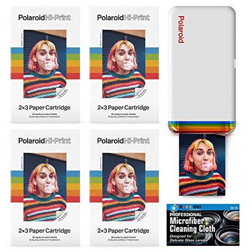 Polaroid Hi-Print - 블루투스 연결가능 2x3 포켓 폰 포토 프린터 Four Polaroid Hi·Print 2x3 용지,종이 카트리지 (80 시트) and 극세사 천