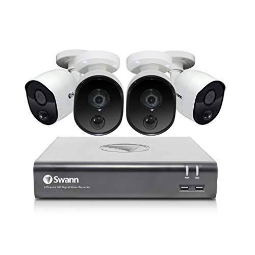 Swann  홈 보안카메라, CCTV 시스템, 4 채널 4 Bullet 카메라 1080p HD DVR 유선 감시, 1TB HDD, 내후성, 컬러 나이트 비전,  열&  모션 감지,  알렉사+  구글, SWDVK-445804V