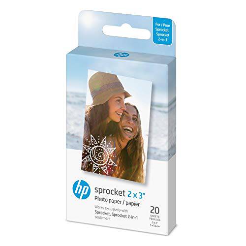HP  스프로켓 2x3 프리미엄 Zink 붙여서쓰는 후면 사진용지, 인화지, 사진인화지 (20 시트) 호환가능한 HP  스프로켓 포토 프린터.