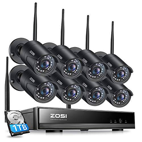 ZOSI 1080P 무선 홈 보안카메라, CCTV 시스템, H.265+ 8CH CCTV 네트워크 비디오 레코더 (NVR)  하드디스크 1TB and 8 x 1080P 오토 매치 와이파이 IP카메라 아웃도어 실내, 80ft 나이트 비전, 리모컨 액세스