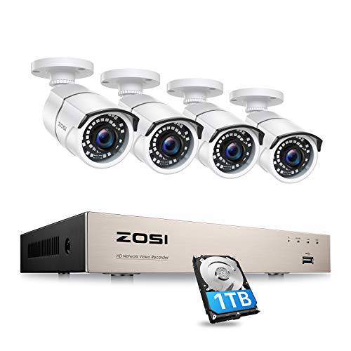 ZOSI 8CH PoE 보안카메라, CCTV 시스템 아웃도어 1TB 하드 Drvie, H.265+ 8-Channel 5MP NVR 레코더, 4pcs 유선 2MP 1080P 내후성 PoE IP 카메라 120ft 나이트 비전 가정용 24/ 7 레코딩