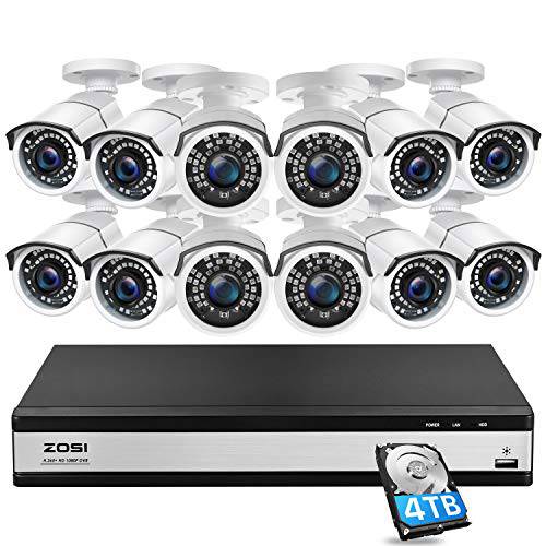 ZOSI H.265+ 1080p 16 채널 보안카메라, CCTV 시스템 홈, 16 채널 DVR  하드디스크 4TB and 12 x 1080p 감시 카메라 아웃도어 실내 120ft 나이트 비전, 105°Wide 앵글, 리모컨 액세스